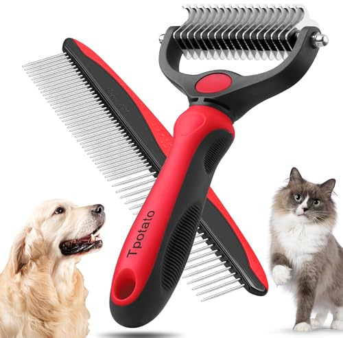 Tpotato Deshedding Dog Brush for Long Haired Dogs Cats,Undercoat Shedding Rake for Dematting Detangling Tangles Matted Fur and Knots,Free Pet Comb,Professional Pet Grooming Supplies Tool Kit,Red
