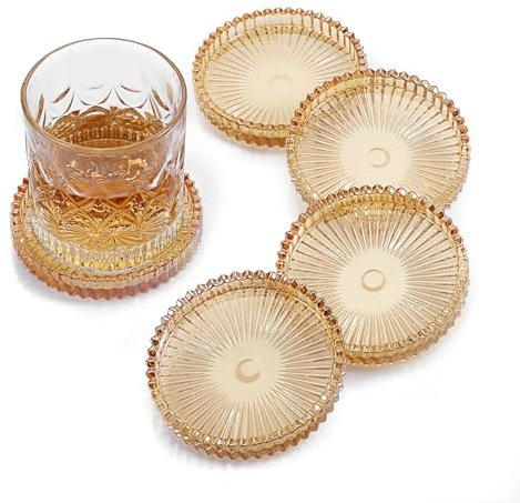 OLegei 5pcs Dessous de Verres en Verre sous-Verres décor de Table pour Boissons, café, thé, Verre, diamètre de 8,5cm (Transparent Jaune)