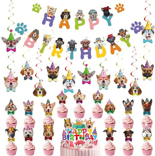 Dog Birthday Banner Party Decorations - 45Pcs Happy Birthday Banners Cake Topper Set for Puppy, Cute Puppy Face Hanging Swirl Cupcake Topper for Kids Dog Theme Party Supplies