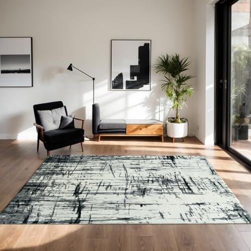 Calore Teppich Wohnzimmer Kurzflor Teppich Schlafzimmer rutschfest Weich Moderner Wohnzimmerteppich Große Teppiche (Abstrakt grau/weiß/schwarz, 160 x 200 cm)