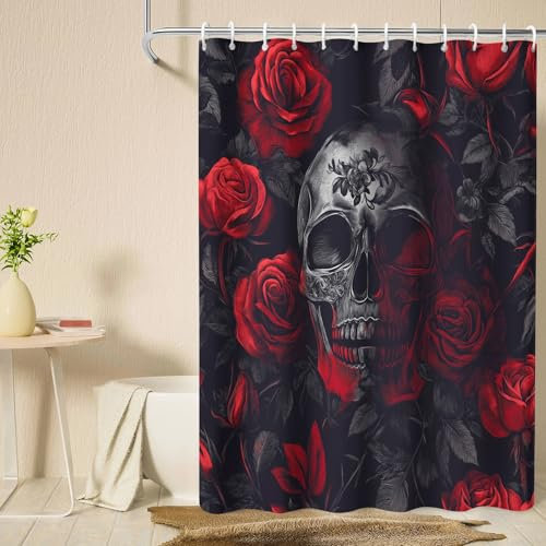 Rideau de Douche Tête de Mort Rose Rouge Fleur Gothique Rideaux de Douche Tissu Polyester Anti Moisissure Imperméable Lavable Machine Petit Rideau Baignoire 90x180 avec 12 Crochets Plastique