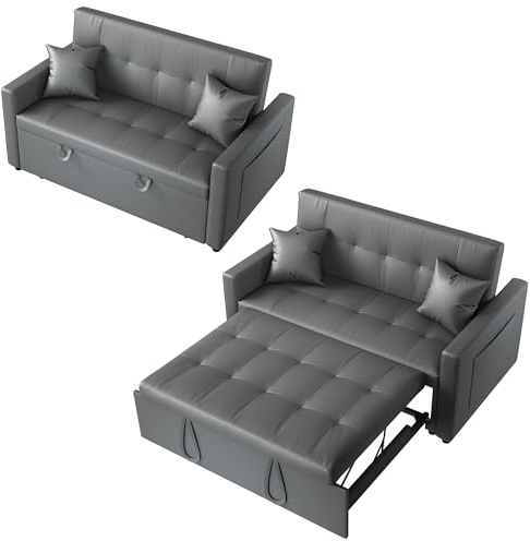 SONNI Sofa, Schlafsofa mit Schlaffunktion, 178x140x78cm, Klappbares Sofabett mit 3 Verstellbare Winkel, Bettcouch, Couch mit 2 Kissen, Katzenpfotenleder, Ideal für Wohnungen Wohnzimmer, Dunkelgrau