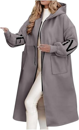 Women's Hooded Long Sleeve Knitted Sleeves Patchwork Casual Jacket, Gray, L