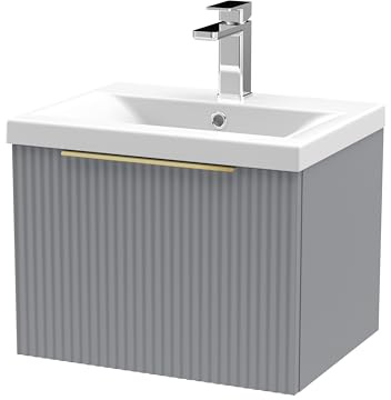 Balterley Vanity Unit with Basin Wall Hung, Single Drawer Soft Close with Mid Edge Sink and Handle, Bathroom Vanity Units with Basin, Fluted Front Sink Cabinet - 510 x 390 x 399mm (Grey)
