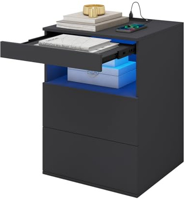 YU YUSING Bedside Table with 2 Drawers, Smart Bedside Cabinet with a Pull-Out Tray and Open Storage, Nightstand with Charging Station and LED Lights, Cabinet Chest of Drawers for Living Room, Black