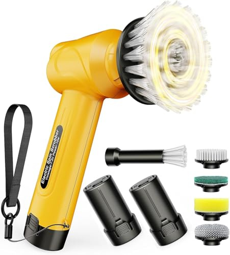 Qimedo Electric Scrubber Handheld 5000 mAh Battery Cleaning Brush | 5 Brush Heads, 3 Speeds, 600 RPM, 2 Replaceable Batteries, Power Spin Scrubbing Brush for Kitchen, Sink, Dish, Window