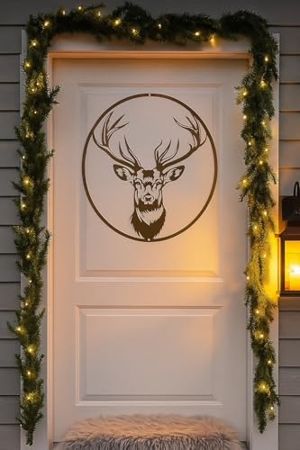 Metall Türschild Hirsch 45×50 cm – Weihnachtsdeko & Winterdeko in Rost-Optik, rund, Lasergeschnittene Wanddeko/Türkranz-Alternative mit Aufhängeloch – für Tür, Hausflur & Wohnzimmer
