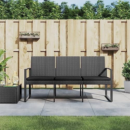 Bucmath Gartenbank 3-Sitzer mit Kissen, Dunkelgrau PP-Rattan, 152,5 cm Breite, wetterfest für Terrasse, Balkon, Garten