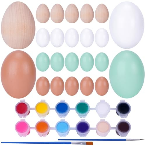 EazyBreezy 24 Pcs Wooden Eggs with Smooth Finish DIY Easter Egg Hunt for Kids Toddlers Creative Painting Unpainted Graffiti Eggs Set with Pigments & Brushes - 4 Colors