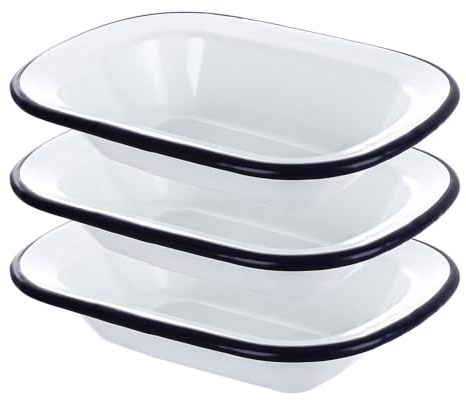 WeeGoo 3 Pcs Enamel Pie Dish, Oblong, 20 x 14.5 x 4.5 cm | Retro White with Blue Rim Rectangular Plate, for Pies, Roasts, Cooking