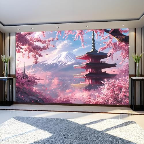 Fototapete Japanischer Kirschblütenturm 3D Effekt Vliestapete 350 x 256 cm Rosa Wandtapete Wandbild für Wohnzimmer Schlafzimmer TV Hintergrund