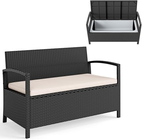 COSTWAY 2 en 1 Banc Coffre Exterieur en Rotin PE, Banc de Jardin 2 Places avec Coussin, Coffre de Rangement 160L, Banquette pour Parc Balcon Terrasse, Charge 360 kg, 129 x 61 x 77 cm