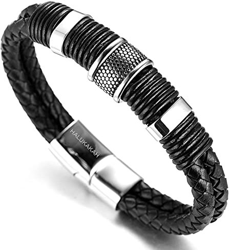 HALUKAKAH Uomini Bracciale in Vera Pelle Titanio Nero Chiusura Magnetica Assolo Argento/Onore Oro/Nightwatch Nero Taglia Regolabile 21.5-23cm con Confezione Regalo Gratuita (Argento 21,5cm)