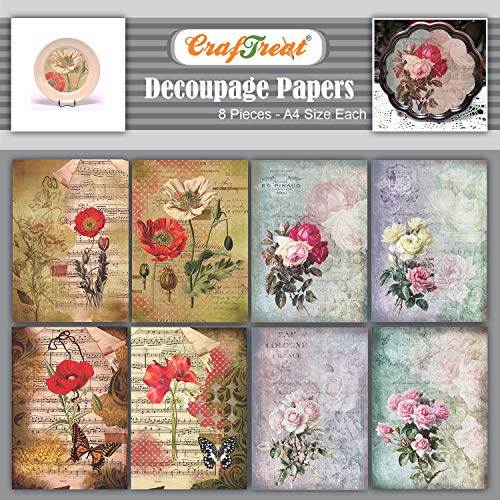 CrafTreat Rosen-Decoupage-Papier für Kunsthandwerk und Möbel – Mohnblumen und Rosen – Größe: A4 (8,3 x 11,7 Zoll), 8 Stück – Möbel-Decoupage-Papier Mohnblumen – Blumen-Decoupage-Papier für Möbel