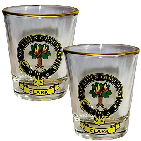 I LUV LTD Shot Glass Wee Dram Clark Clan Crest Set of 2 Whisky Tots