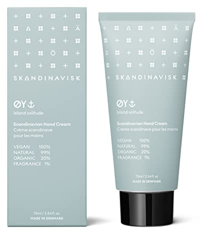 Skandinavisk ØY 'Insel' Organic Handcreme. Duftnoten: Zierapfel und Hundsrose, Wassermoose und grüne Blätter. Vegane Formel. 75 ml.