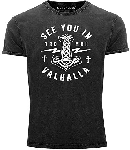 Neverless® Herren Vintage Shirt See You in Valhalla Valknut Mjölnir Thor Hammer Printshirt T-Shirt Aufdruck Used Look schwarz XXL