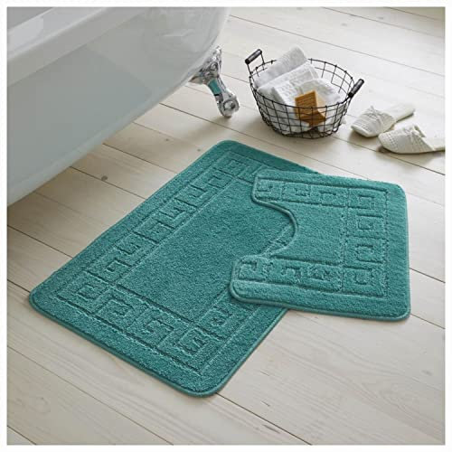 GC GAVENO CAVAILIA 2 Piece Washable Bathroom Mat, Extra Absorbent Anti Slip Bath Mats, Super Soft Toilet Rugs Set, Teal, (50 x 80, 50 x 40 cm)