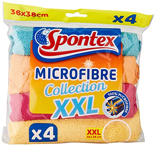 Spontex 4 Multipurpose Microfibre Cloths-XXL (38 x 36 cm) -Absorbent, Degreases, Dusts, Removes 99% of Bacteria with Water Only-Machine Washable, Multicoloured, 4 Unité (Lot de 1)
