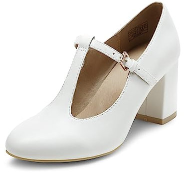DREAM PAIRS Low Chunky Heels for Women T-Strap Mary Jane Pumps Wedding Dress Shoes DPU211,Size 5,White/Pu,DPU211