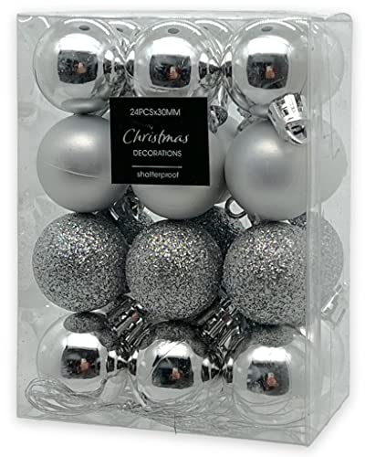 Christbaumschmuck Weihnachtsschmuck Mini-Weihnachtskugeln aus Kunststoff bruchsicher Outdoor-geeignet, Glitter, matt & glänzend Sortiert (Kugeln Ø 30 mm, Silber, 24)