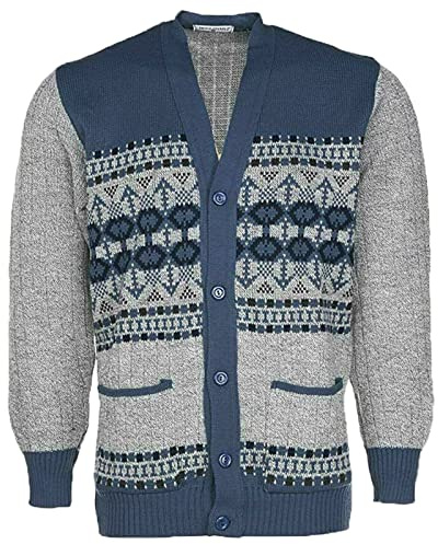 Mens Classic Style Cardigan Argyle Diamond Pattern ButtonCasual Design Button Up Thick Knit Warm Winter Grandad Sweater Knitted V Neck Cardi Long Sleeve Knitwear Vintage Jumper(Blue Button,S)