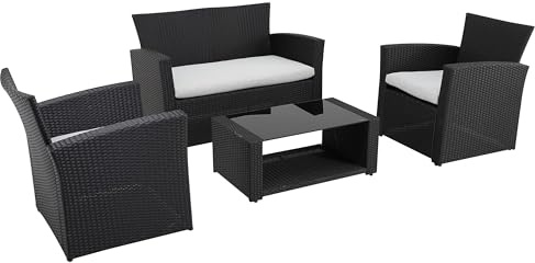 METRO Professional Loungemöbel Set Brandtford 4tlg., PE-Rattan/Polyester/Glas, 1 Sofa (76 x 125.5 x 81.5 cm), 1 Couchtisch, 2X Sessel, wetterfest, inkl. Kissen, schwarz