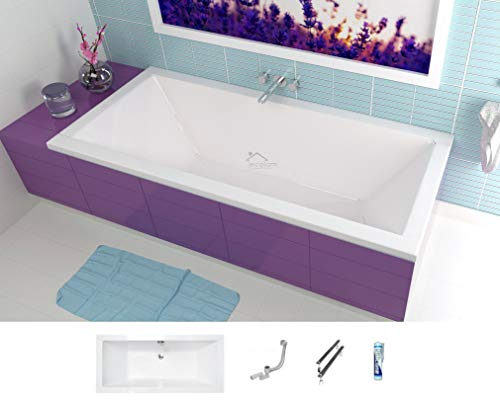 ECOLAM® Badewanne Wanne Rechteck Quadro Design Acryl weiß 155x70 cm + Ablaufgarnitur Ab- und Überlauf Automatik Füße Silikon Komplett-Set, Rechteckbadewanne für zwei