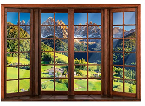 Carta Da Parati Fotografica Finestra 3D Effetto Montagne Foresta - Include Colla - Moderna Design Carta per Pareti Soggiorno Camera Da Letto Sala Fotomurali In Tessuto Non Tessuto TNT (254x184 cm)