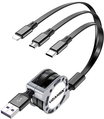 UZAHSK Multi Cavo Rapida Ricarica, 3 in 1 Cavo USB Multiplo Cellulari Telescopico iP Tipe-C/Micro USB [1.2M,1Pezzi] 3A Ricarica Rapida Type C Retrattile USB Dati Cavetto,per Smartphone. (Schwarz)
