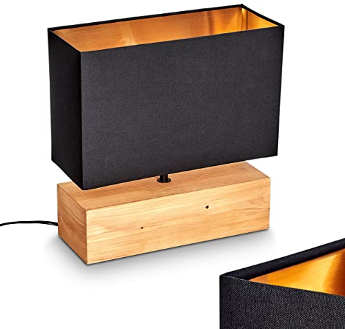 Tischleuchte Geneva, Nachttischlampe aus Holz/Stoff in Natur/Schwarz/Goldfarben, Tischlampe 1-flammig im skandinavischen Design, E27, Länge 30 cm, Leucht m. An-/Ausschalter am Kabel, ohne Leuchtmittel