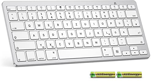 Emetok Deutsche Bluetooth Tastatur für iPad, Ultra-dünn QWERTZ Tastatur kompatible mit 10.2/9.7,iPad Pro 11/12.9/ Air/mini/iPhone, inkl 2 AAA Batterie,Stabile Verbindung