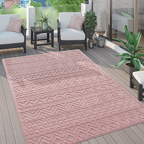 Paco Home Outdoor Teppich wetterfest & langlebig Moderne Boho-Designs mit 3D-Effekt Skandi-Look UV-beständig & robust für Balkon, Garten, Wohnzimmer & Küche, Grösse:240x340 cm, Farbe:Pink