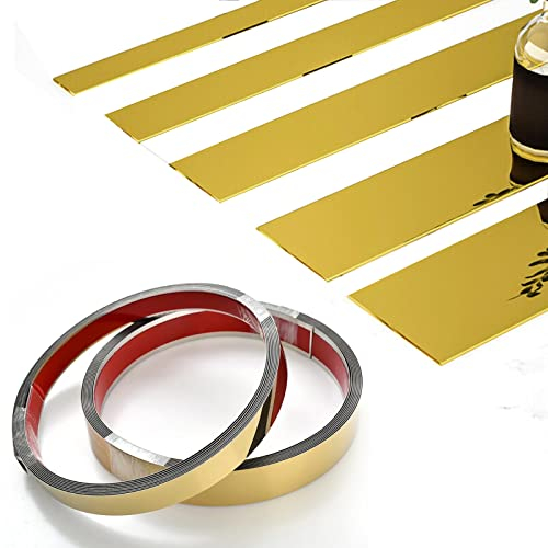 5m Leisten & Wandleisten, Selbstklebend Gold Metallisierte Zierleisten Spiegelähnliche Oberfläche, Edelstahl Dekorative Zierleiste für Wand, Spiegel, Möbeldekor (Gold, 1cm)