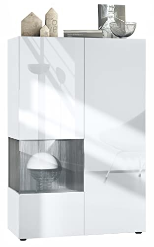 Vladon Vitrine Morena V2, Made in Germany, Standvitrine mit 2 Türen und Glaseinsatz, Korpus Weiß matt, Fronten Weiß Hochglanz, Cube Avola-Anthrazit (91,5 x 136,5 x 37 cm)