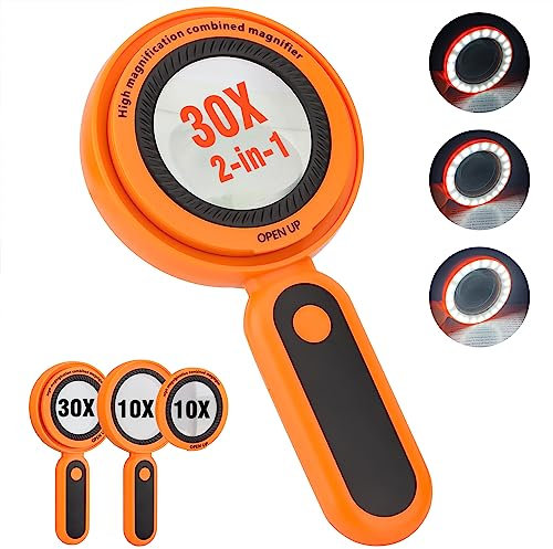 Lupe mit Licht, beleuchtete 30fach-/10fach-Lupe mit 21 LED-Lampen, große Leselupe für Senioren, für Inspektion, Münzen, Briefmarken, Karte, Makuladegeneration (orange)