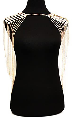 JAWSEU Damen Körperkette, Schulterkette Mit Metallfransen, Boho Sexy Körper Schmuck Kette Frauen Mädchen Strand Bikini Quaste Schulter Kette, Gold