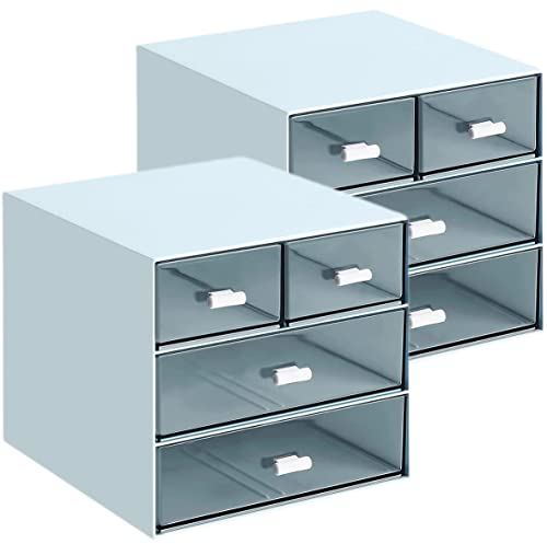 Umtiti Schreibtisch-Aufbewahrung, Make-up-Aufbewahrungsbox mit 4 Schubladen, Kunststoff, Bürobedarf, Schreibtisch-Organizer für Büro, Schule, Zuhause und Badezimmer (Blau, 2 Stück）