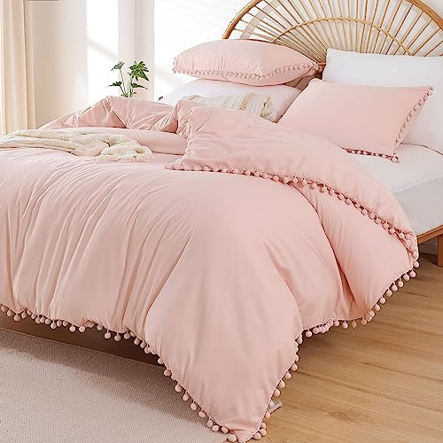 YIRDDEO Bettwäsche-Set, Full-Size – Bettdecke mit Pompom-Fransen, weiches Bettwäsche-Set für alle Jahreszeiten, 3-teilig, 1 Bettdecke (200,7 x 228,6 cm) und 2 Kissenbezüge (50,8 x 66 cm), Rouge