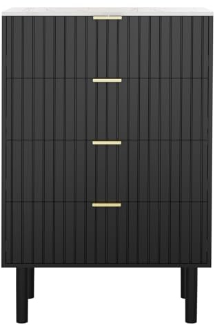 UEV Kommode mit Schubladen Schwarz 60cm breit, Schubladenschrank schmal, Marmoroptik-Oberseite, Beistellschrank hoch mit Kippschutz, modernes Sideboard Holz für Wohnzimmer, Schlafzimmer,Arbeitszimmer