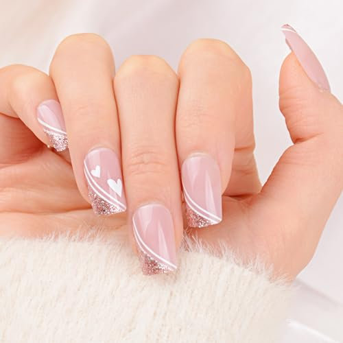 24PCS Faux Ongles Longs Carrés Sticker Nail Cœur Rose Pailleté Art Couverture Complète à Ongles Décoration Manucure Accessoires Bricolage Ongles Cadeau Saint-Valentin Femme Fille