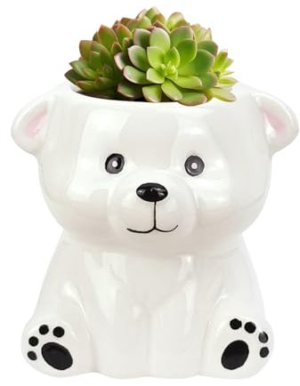 JOBVERT Pots de fleurs mignons en forme d'animal avec drainage, petits pots de fleurs en céramique pour décoration d'intérieur, cadeaux pour femmes et fête des mères (ours blanc)