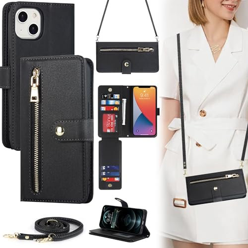ELTEKER Hülle für iPhone 14 Plus Handyhülle mit Band,Klapphülle mit Kartenfach Schutzhülle Handytasche Leder Hülle für iPhone 14 Plus - Schwarz
