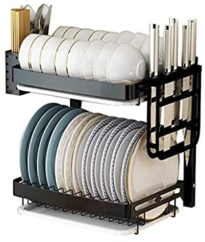 PINZHEN Escurridor de Platos con Bandeja de Goteo/Estante para secar Platos Colgante Escurridor de Platos de Acero Inoxidable montado en la Pared Negro de 3 Niveles