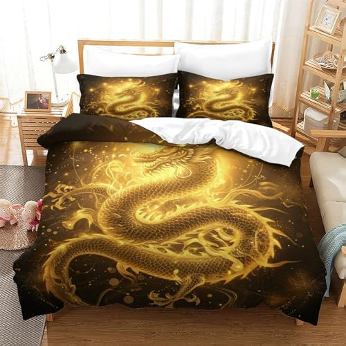 JMORCO Dragon Chinois Parure De Lit Wildlife Housse De Couette Motif 3D, Imprimé 3 Pièces, Literie en Microfibre Housse De Couette,Super Douce Housse De Couette Double(200x200cm)