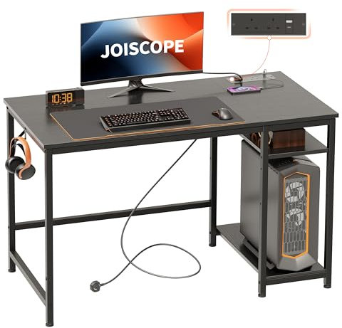 JOISCOPE Computer Desk - 120cm Black Gaming Desk with USB Outlets, Type-C Charging Port, Shelves and Headphone Hook - Perfect for Study, Play, Work and Home Office