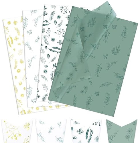 Larcenciel Tissue Paper 60 PCS, Green Leaves Tissue Paper for Wrapping Gift Craft Packaging, Fresh Botanical Plant Gift Wrap for Packing Christmas Birthday Party DIY, 50x35cm