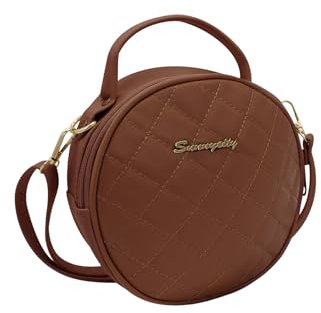 AfitLulu Round Kleine Umhängetasche Damen Gesteppt Handytasche zum Umhängen PU-Leder Handy Umhängetasche Crossbody Bag mit Tragegriff und Abnehmbarem Schulterriemen (Braun)