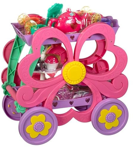 New 45 Piece Battery Operated Play Tea Trolley Complete with a Tea Pot with Lights and Sounds