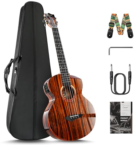 Caramel BEG91 Cuteway Akustik- und elektrische Bariton-Ukulele aus Ebenholz, glänzend, mit Armlehne, 76,2 cm, handgefertigt, professionelles Ukulelen-Set mit Zubehör